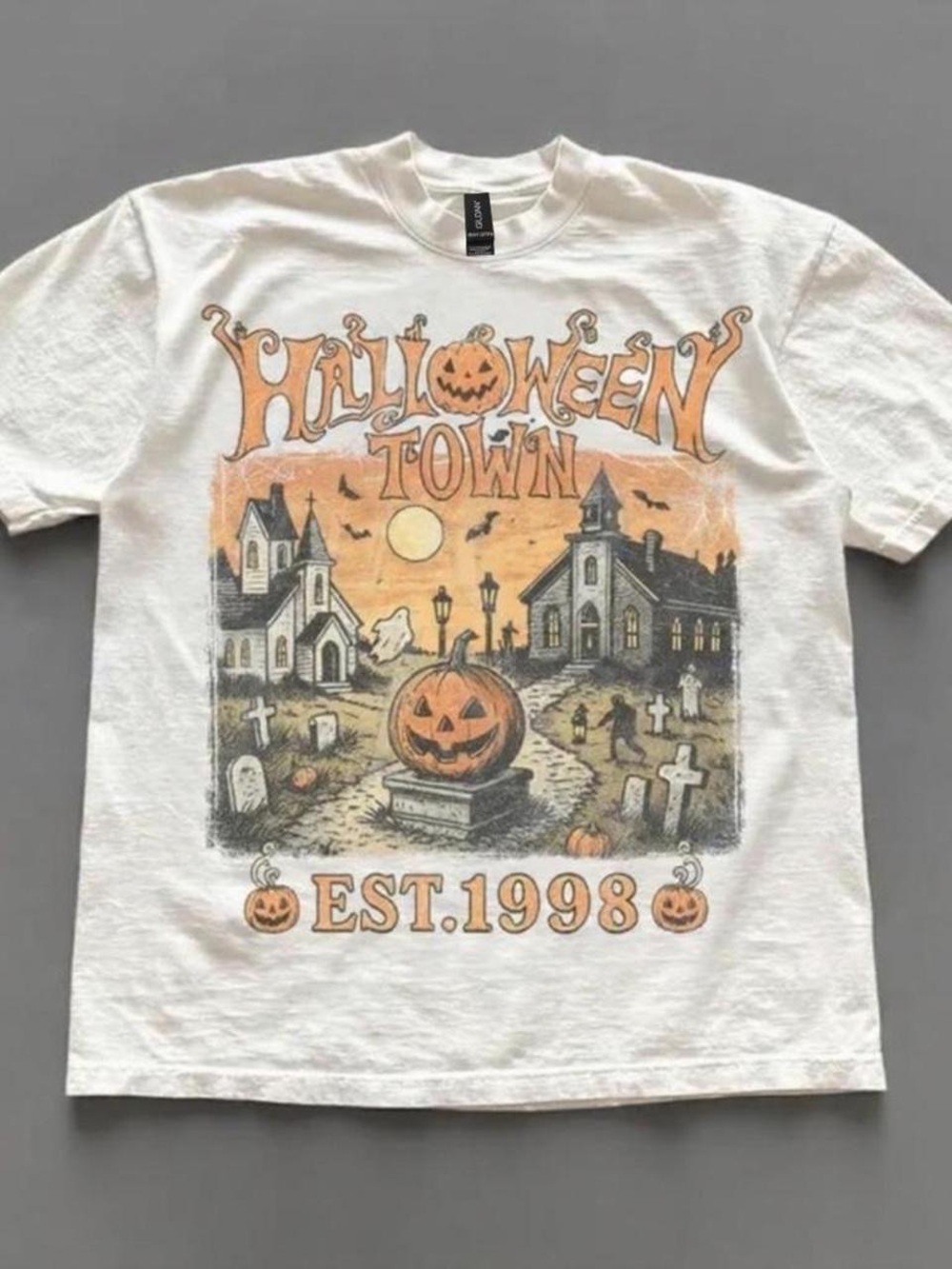 Gildan White Halloween Town Graphic Tee with Orange Accents